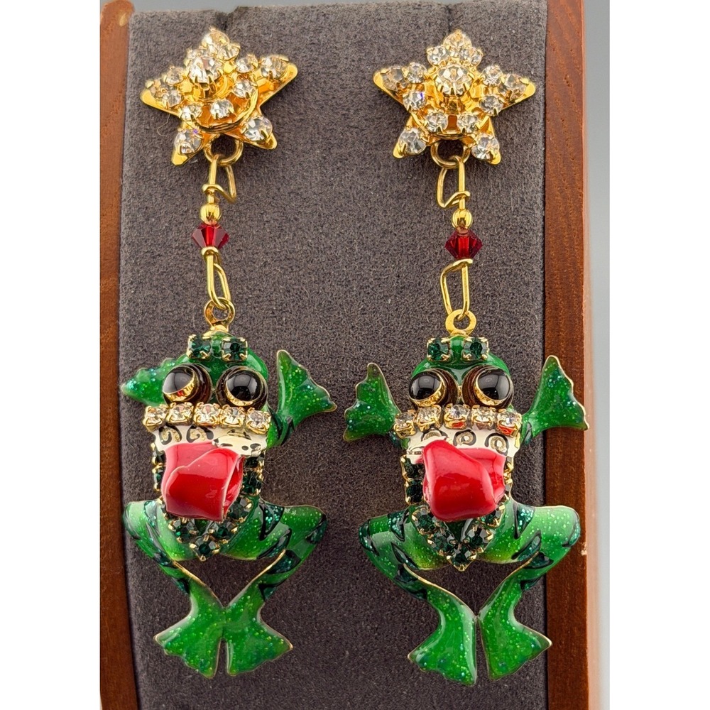 Vintage Lunch At The Ritz Earrings Christmas Frog Dangle 3"